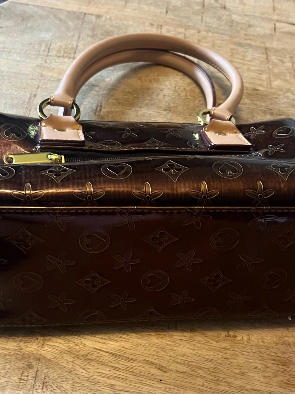 Lany Glossy Brown & gold Patent Satchel  purse with handles monogram style 12x4”
